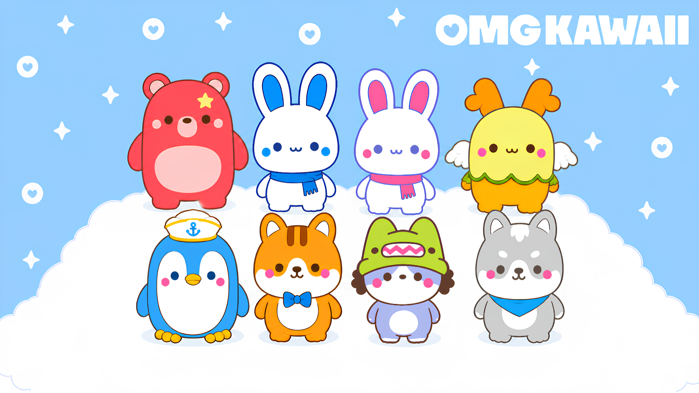 The eight OMG Kawaii lucky gods standing together on a cloud over Lucky Cloud Island