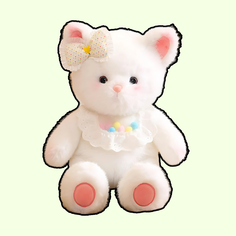 Adorable gato blanco de peluche con lazo