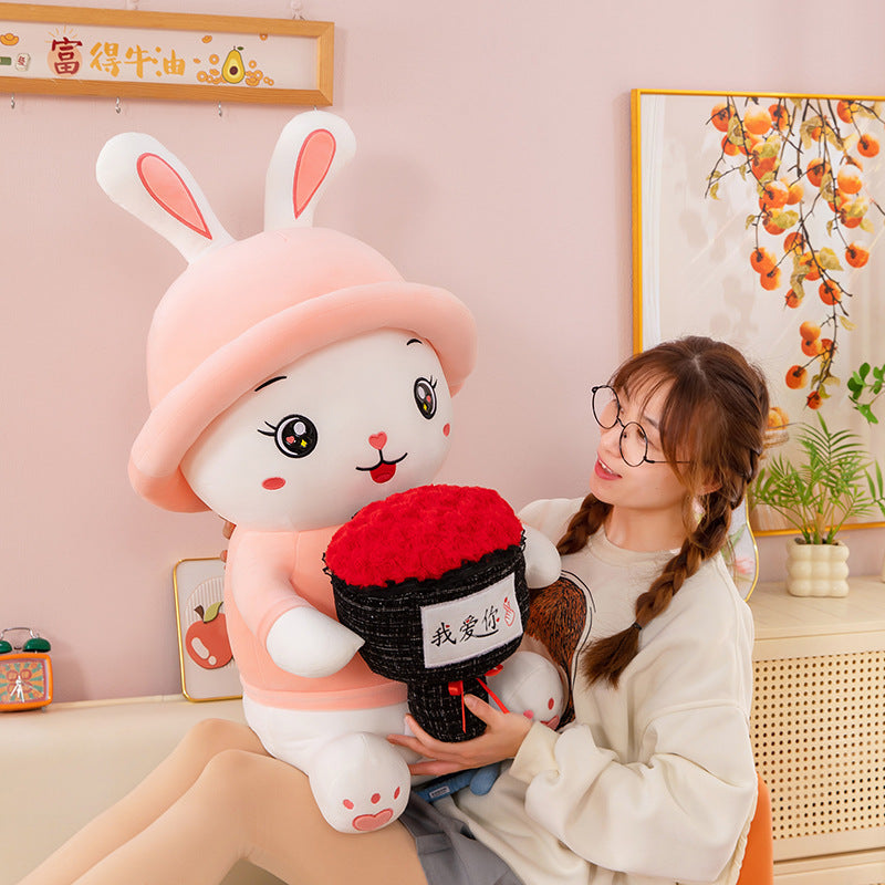 omgkawaii Stuffed Animals 45 CM Adorable Bunny Plush with Red Rose Bouquet
