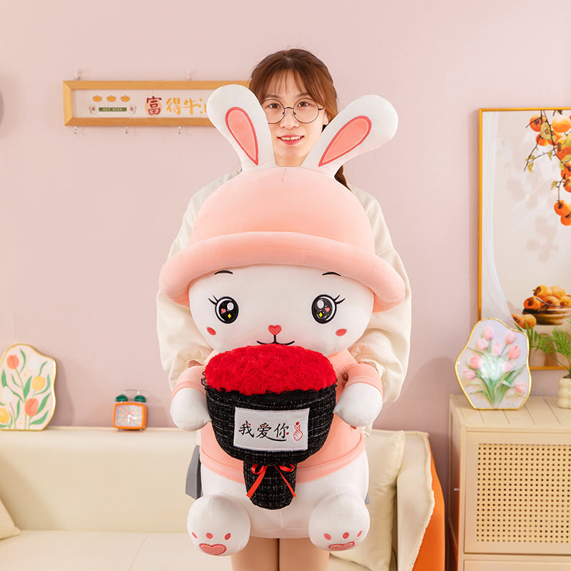 omgkawaii Stuffed Animals 45 CM Adorable Bunny Plush with Red Rose Bouquet