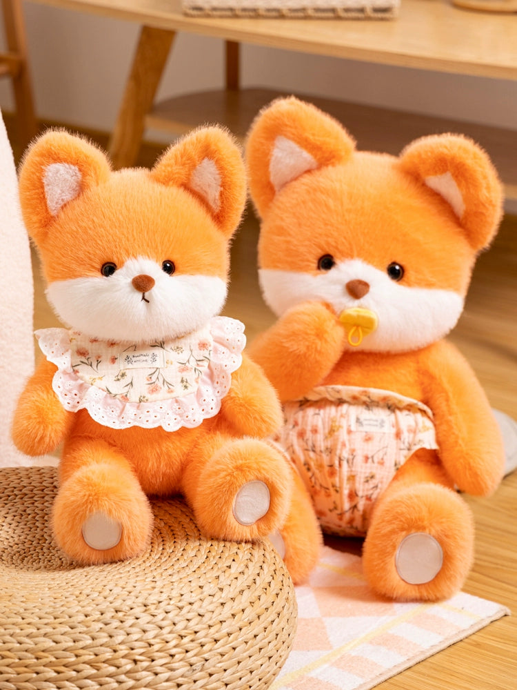 omgkawaii Stuffed Animals Adorable Fox Plush Set: Baby and Toddler Duo with Bib & Diaper