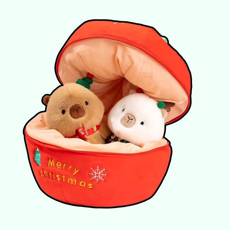 omgkawaii Stuffed Animals Brown and White Capybara + Apple Christmas Cuddly Friends Gift Set